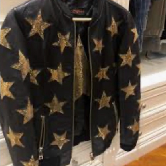 Jackets & Blazers - Leather Bomber Jacket with Gold Star Pattern